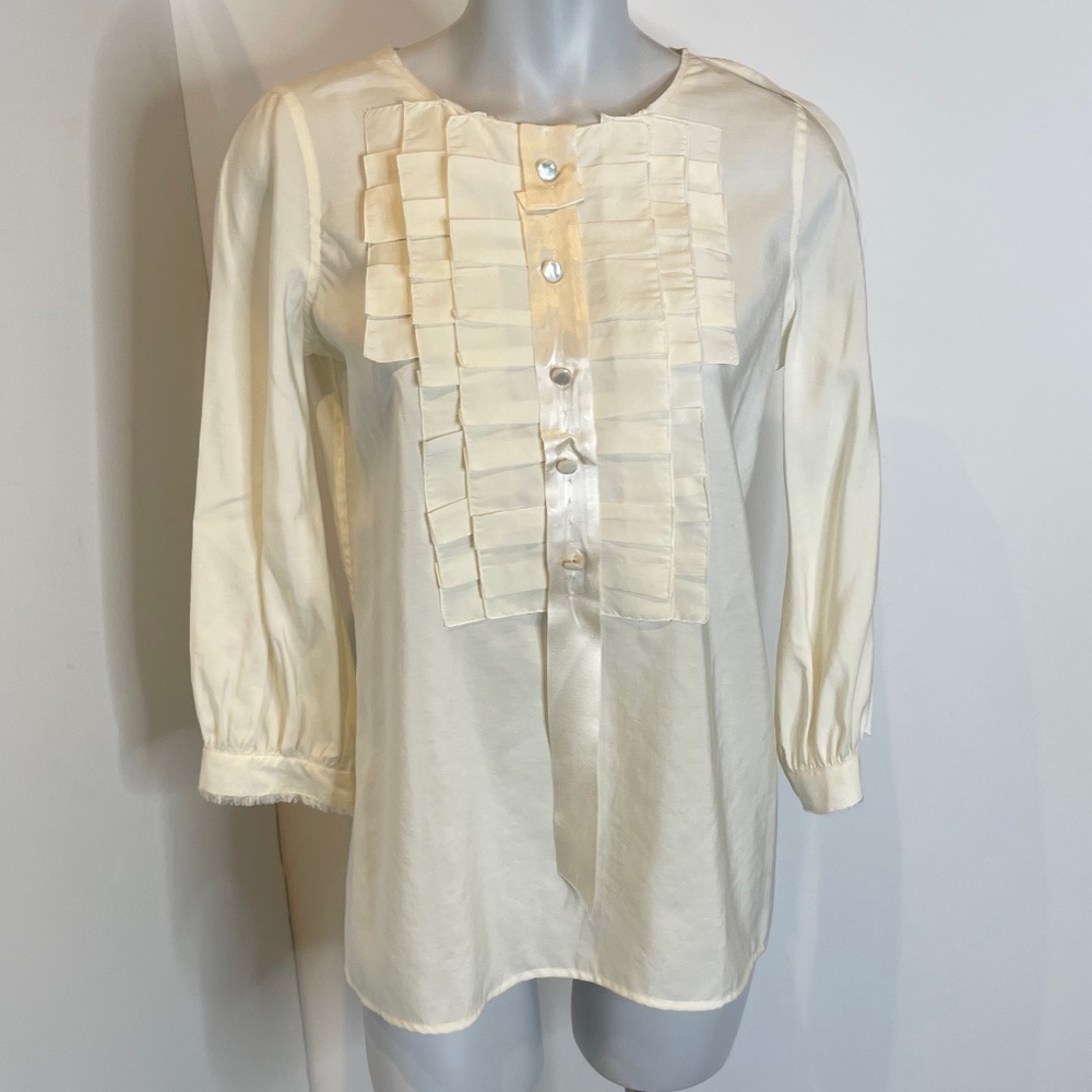 Marc by Marc Jacobs White Long Sleeve Silk Front Fringe Detail Top Sz 2